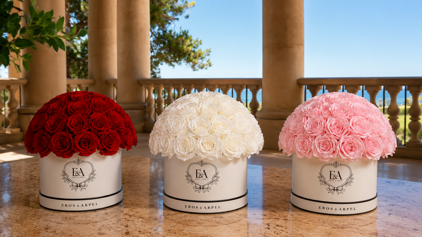 Eros & Arpel preserved rose arrangements designed to remain beautiful for 2–5 years with proper care